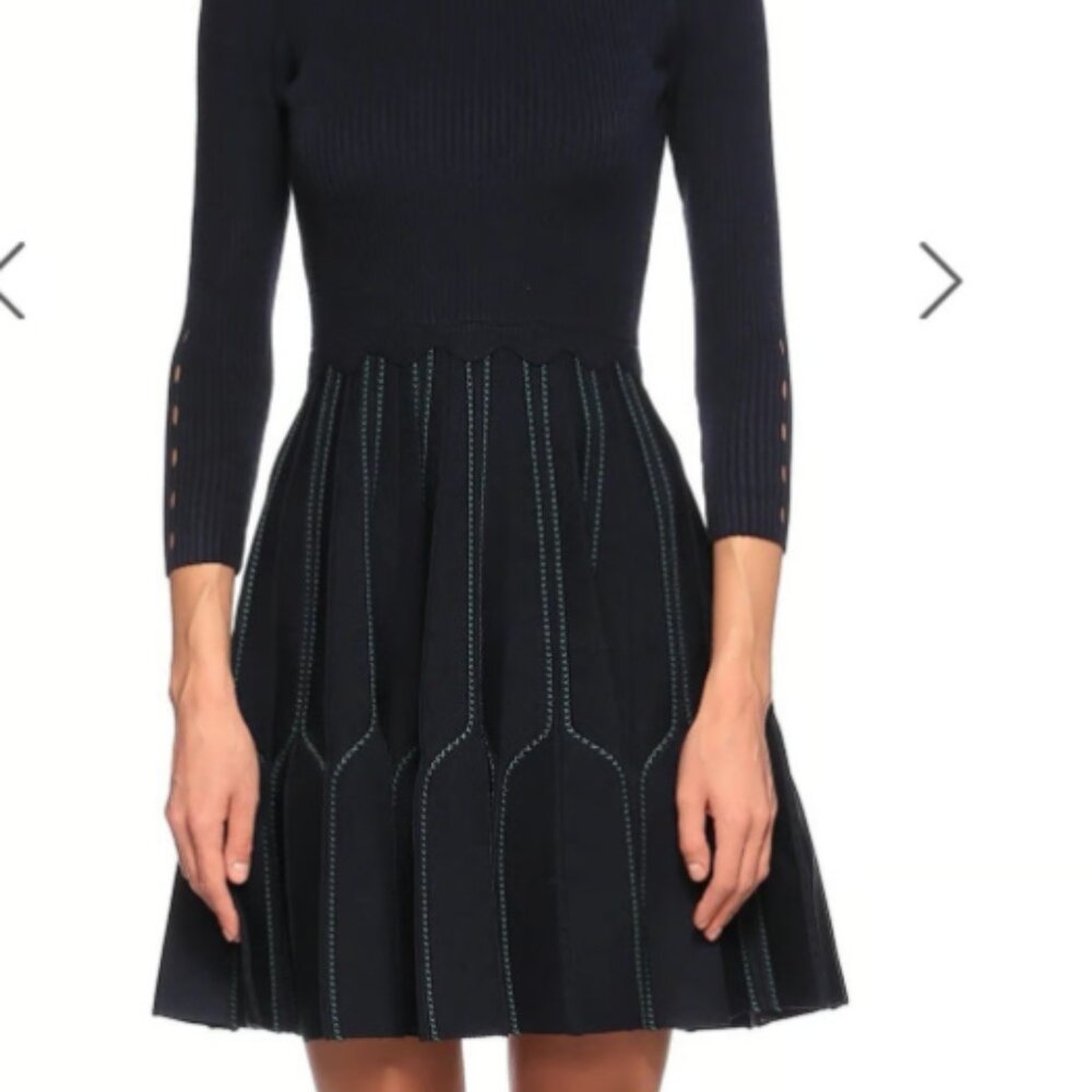 Sandro Paris Ribbed Knit Pleated Fit&Flare Pointell Dress Boatneck size 38 - Picture 3 of 10
